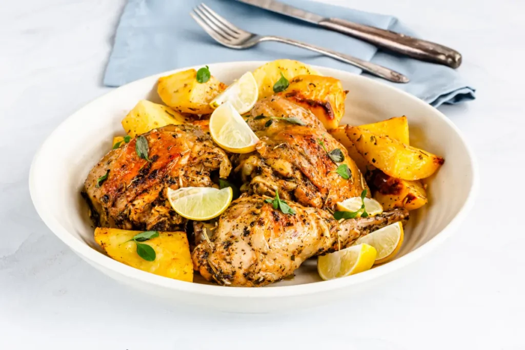 Fresh lemons and raw chicken on a kitchen counter with herbs and spices for lemon chicken recipe