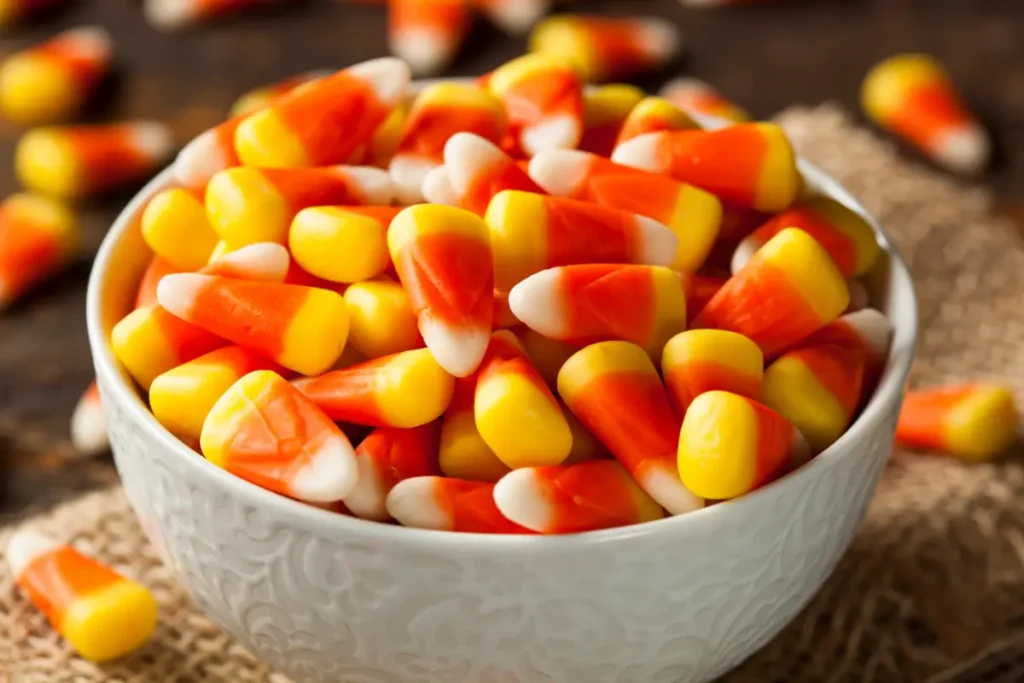 Assorted colorful candy corn varieties displayed in festive arrangements