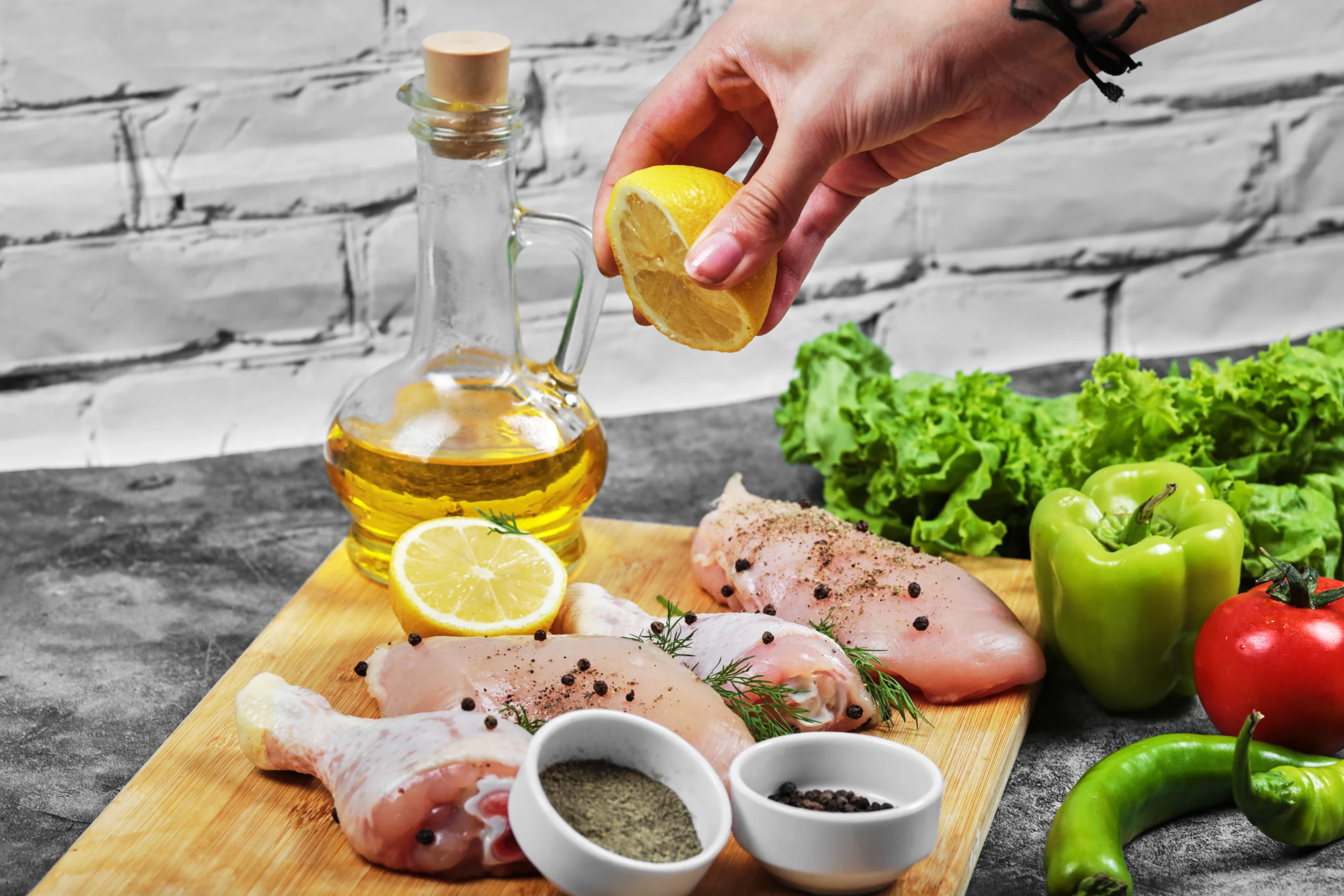 Chicken soaking in a lemon juice marinade with herbs and spices.