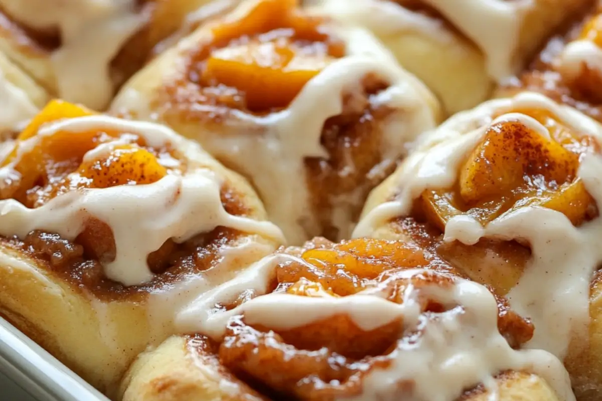 Spiced Peach Cobbler Cinnamon Rolls with Creamy Frosting