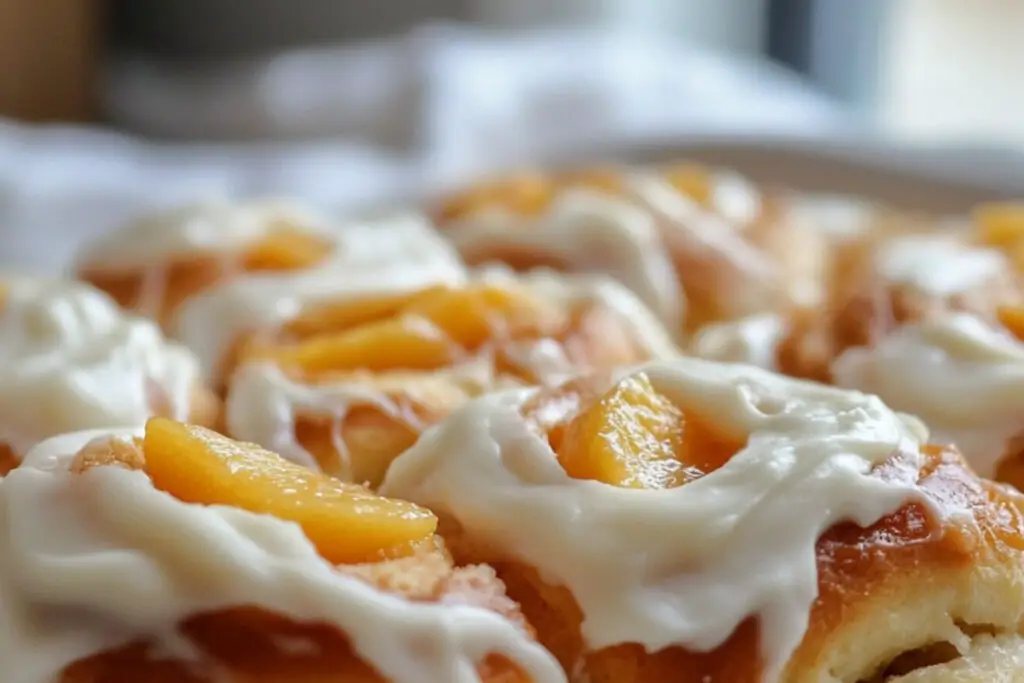Spiced Peach Cobbler Cinnamon Rolls with Creamy Frosting