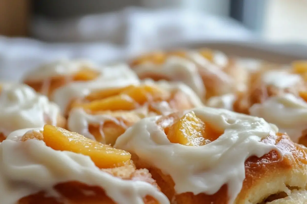 Spiced Peach Cobbler Cinnamon Rolls with Creamy Frosting