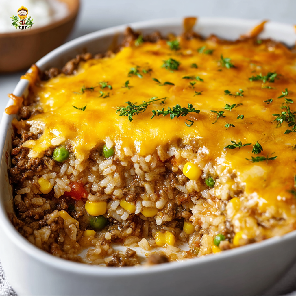 CHEESY GROUND BEEF RICE CASSEROLE