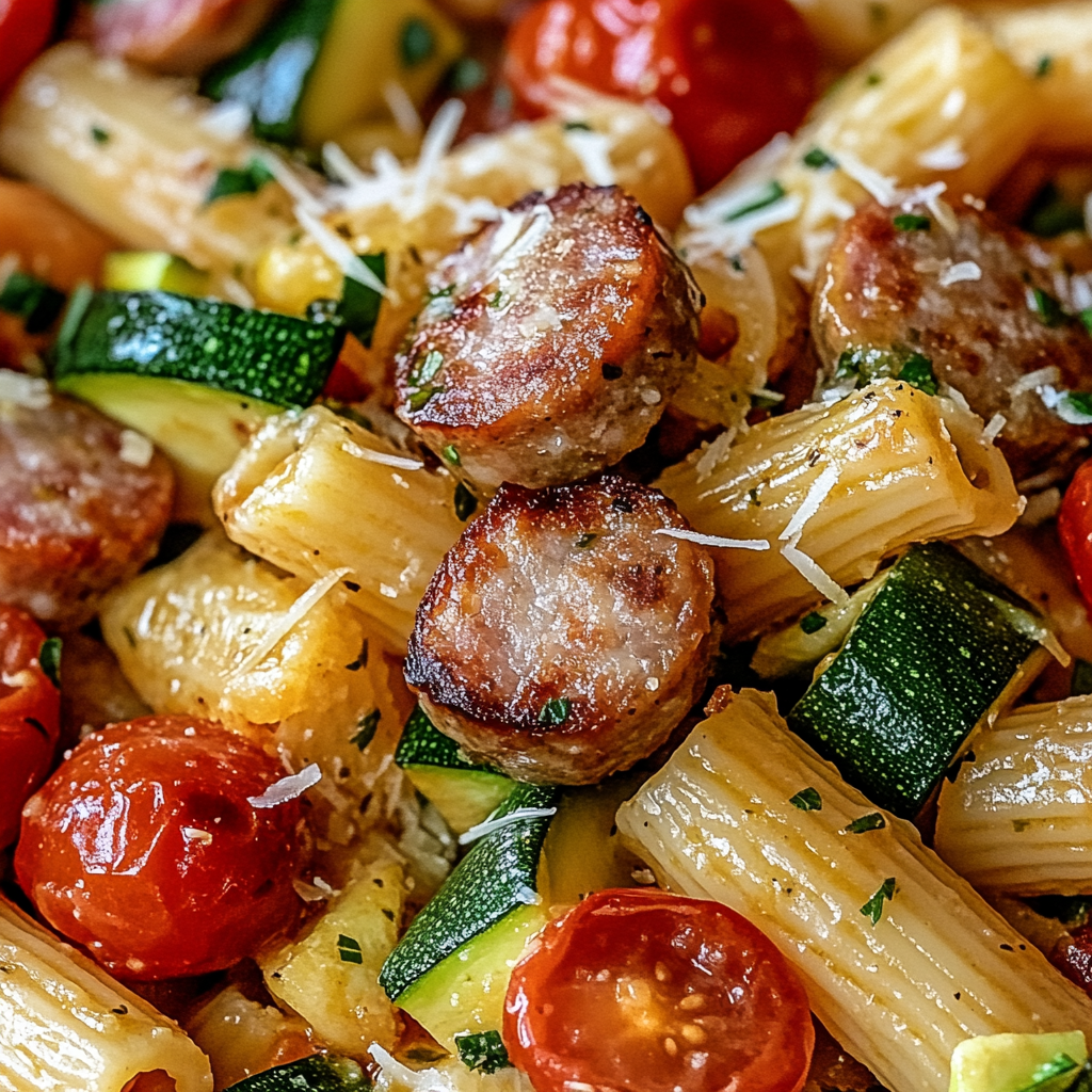 Chicken Sausages with Zucchini, Tomatoes, and Pasta