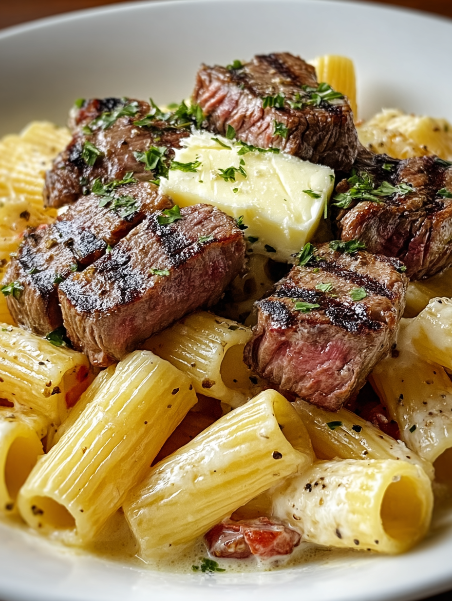 Garlic Butter Steak Tips with Cheesy Rigatoni