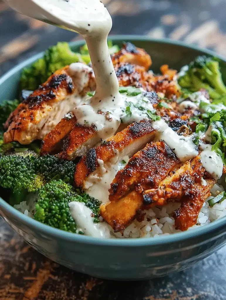 Grilled Chicken & Broccoli Bowls with Creamy Garlic Sauce