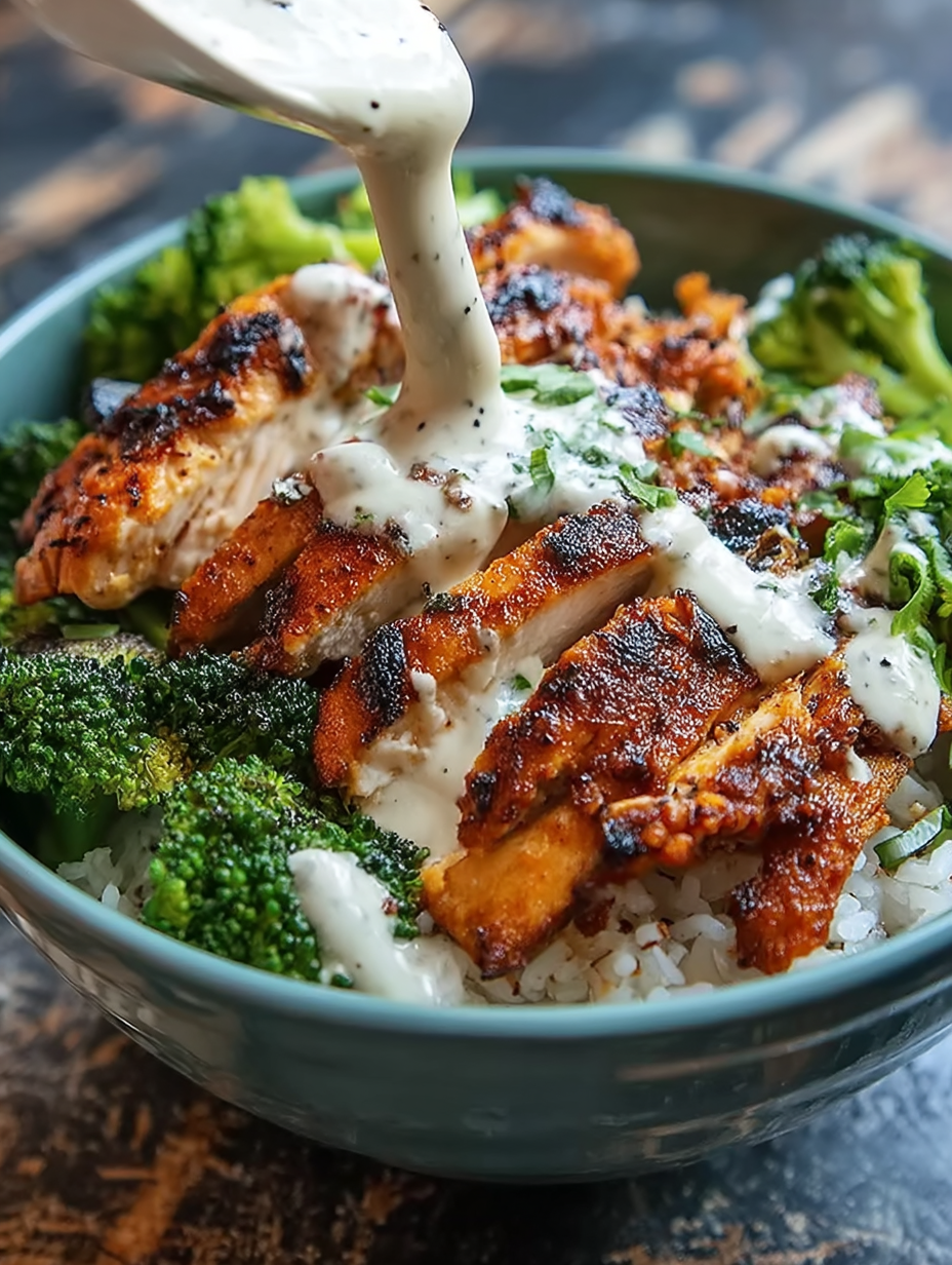 Grilled Chicken & Broccoli Bowls with Creamy Garlic Sauce