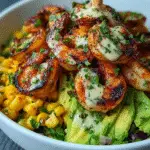 Grilled Shrimp Bowl with Avocado, Corn Salsa & Creamy Sauce