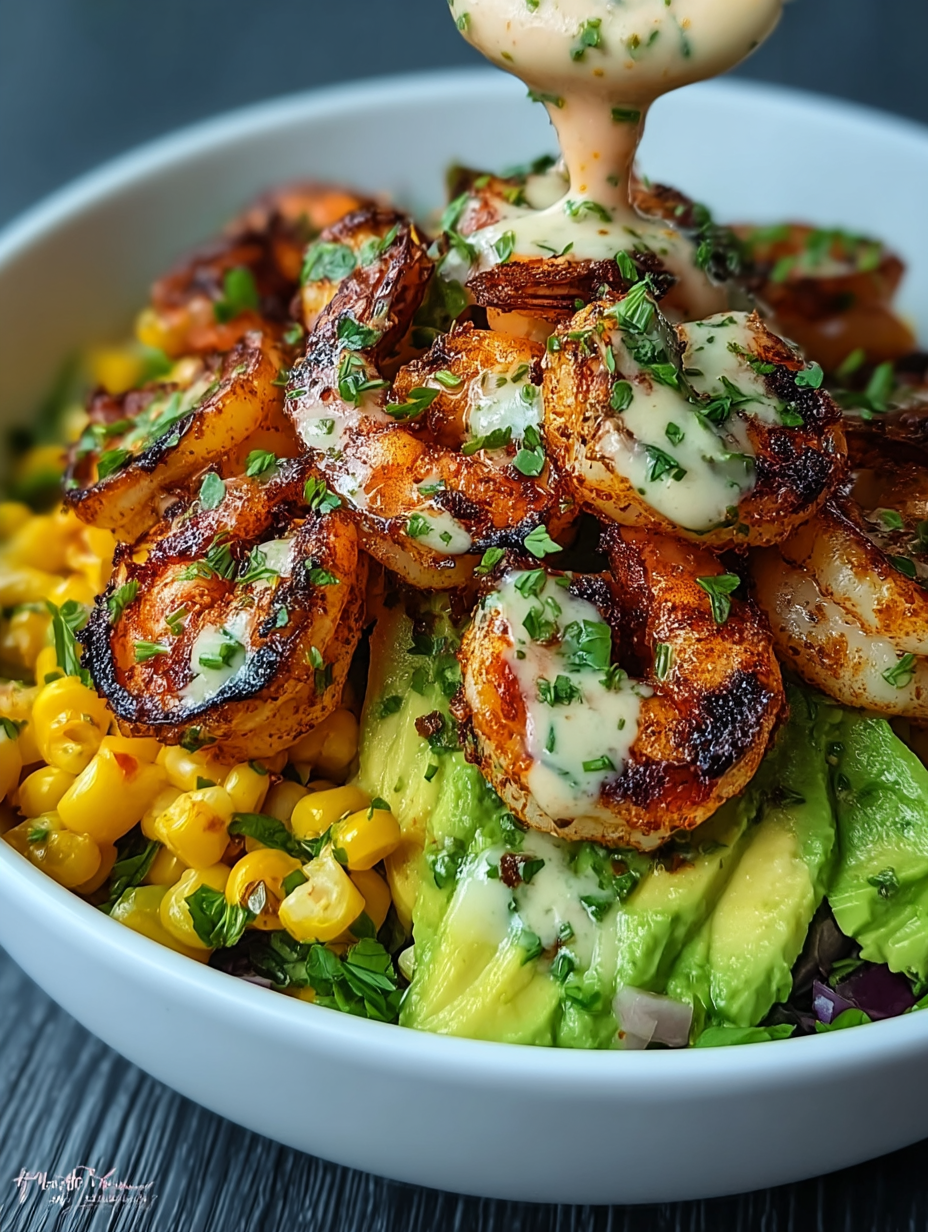 Grilled Shrimp Bowl with Avocado, Corn Salsa & Creamy Sauce