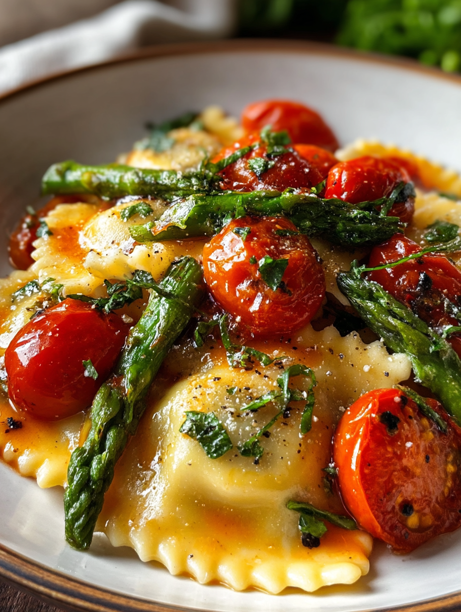 Ravioli with Tomatoes, Asparagus, Garlic, and Herbs