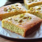 almond and pistachio cake slice on rustic plate