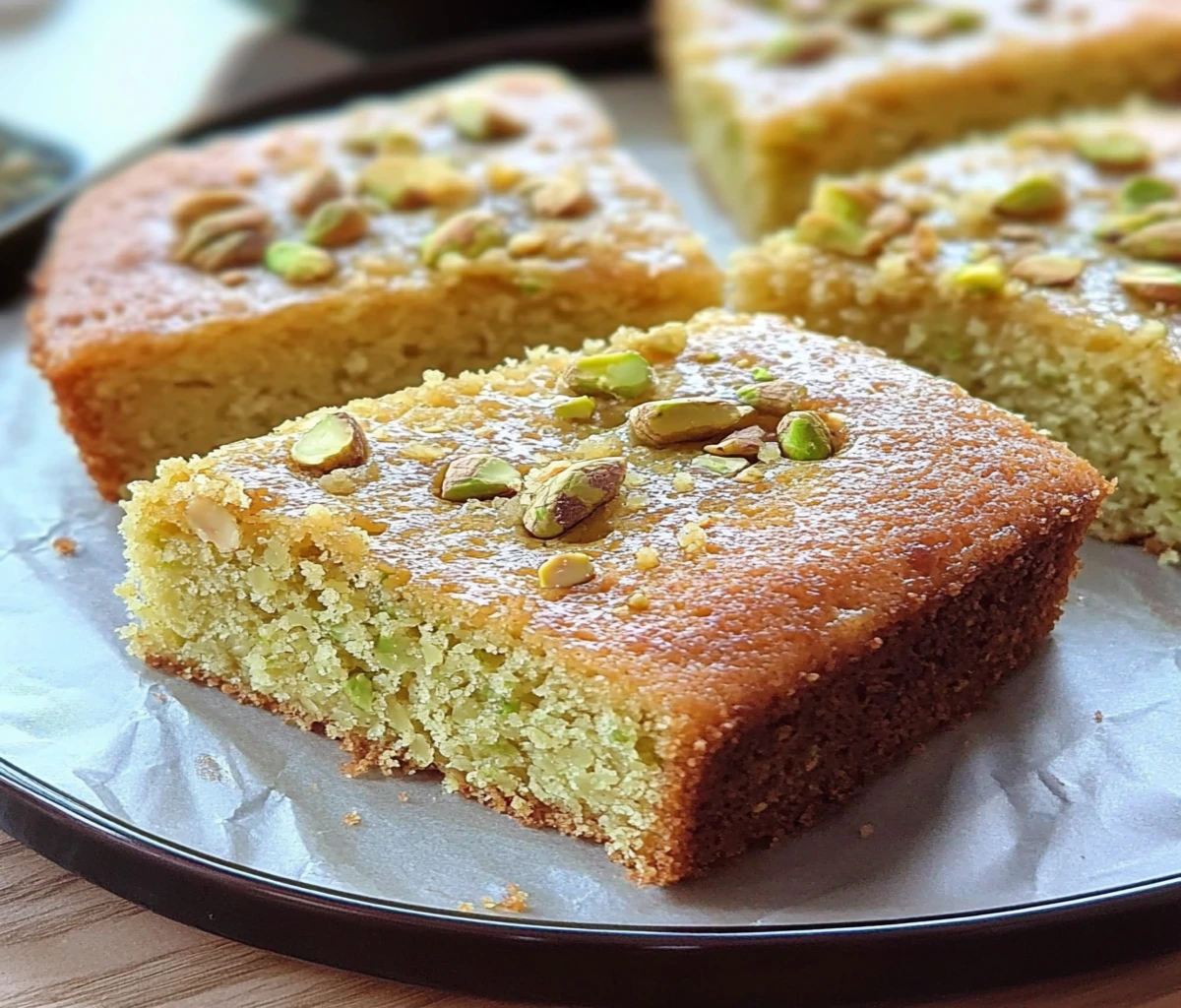 almond and pistachio cake slice on rustic plate