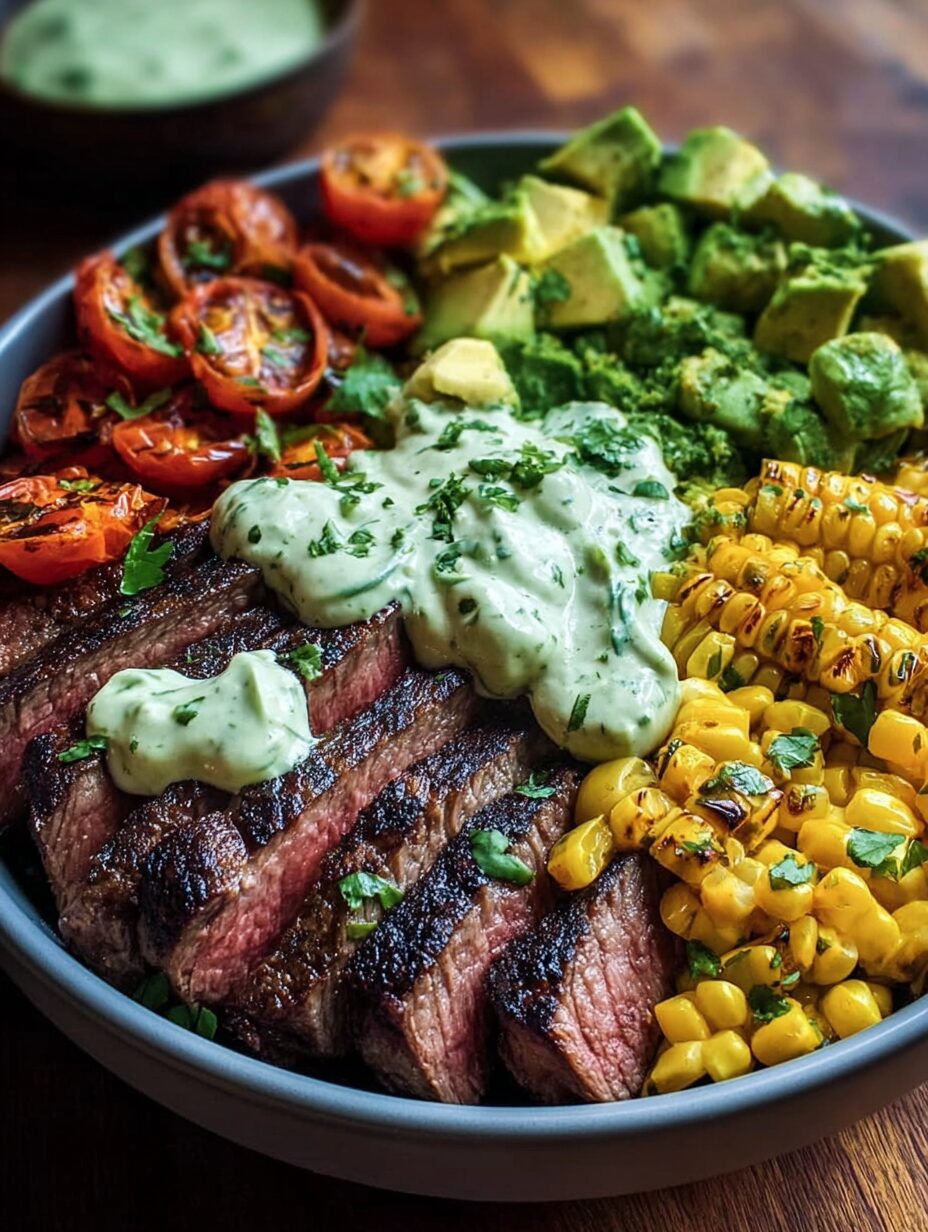 Best Recipe For Steak Avocado and Roasted Corn Bowl with Cilantro Cream Sauce,