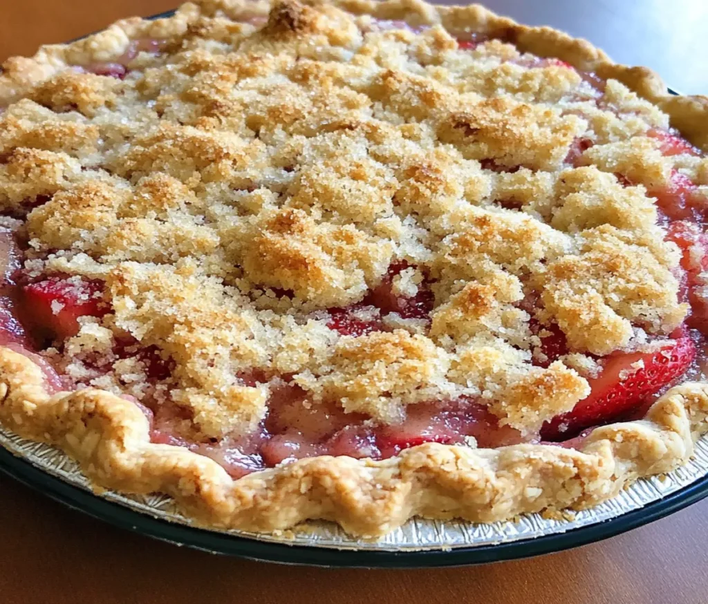 Crumb-Topped Strawberry Rhubarb Pie close-up
