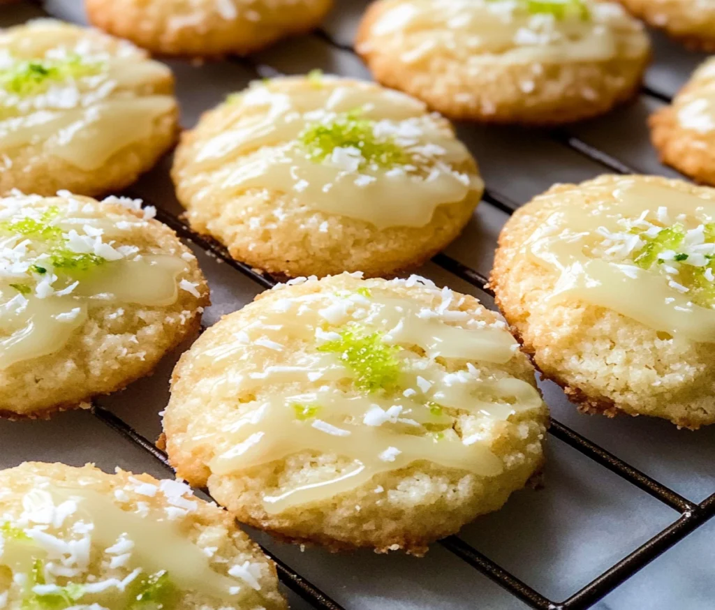 Glazed Coconut Lime Cookies on wooden plate