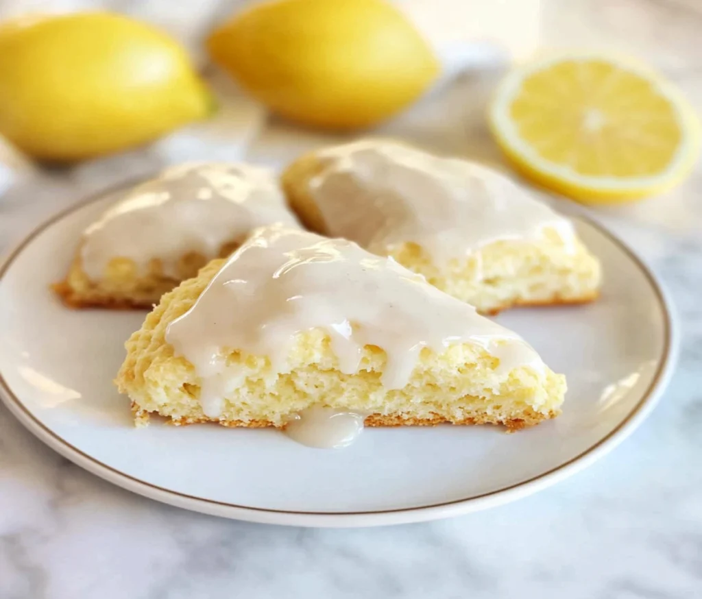 Glazed lemon scones on a rustic plate