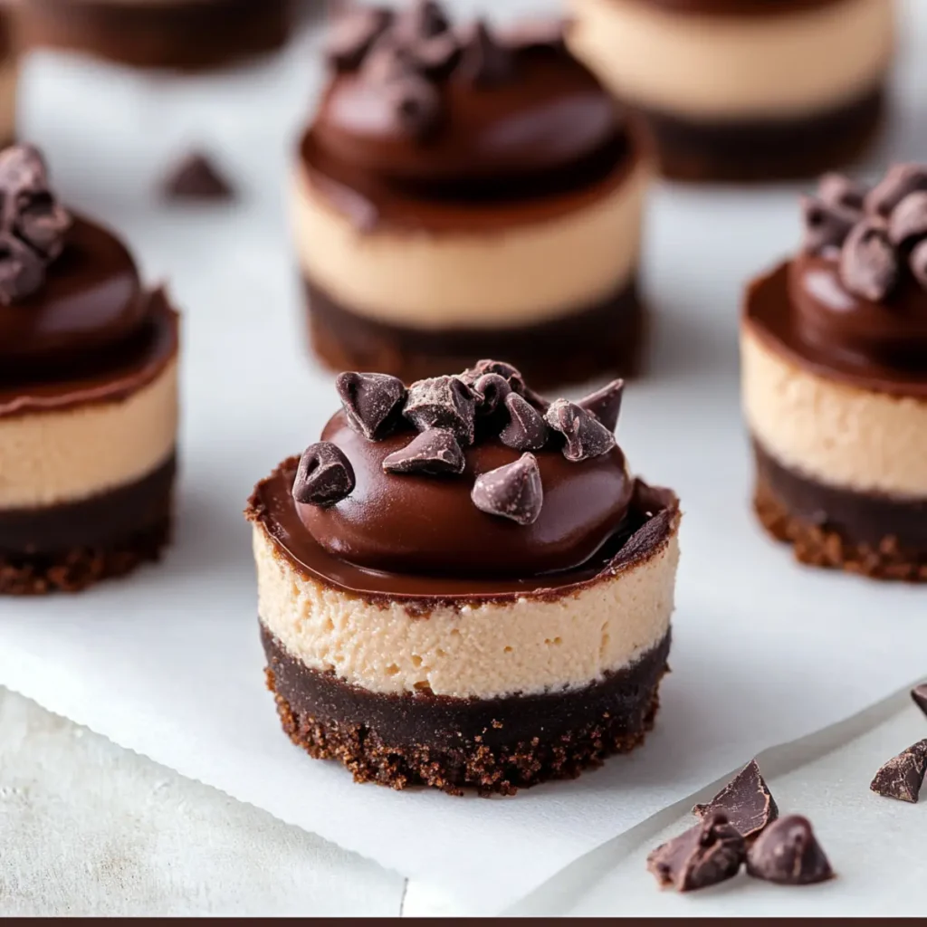 Mini chocolate cheesecake bites with ganache and berries