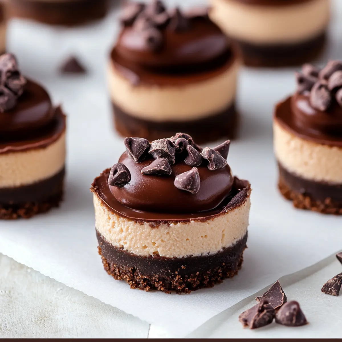 Mini chocolate cheesecake bites with ganache and berries