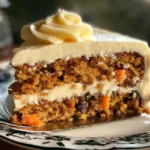 Old-fashioned carrot cake slice with cream cheese frosting
