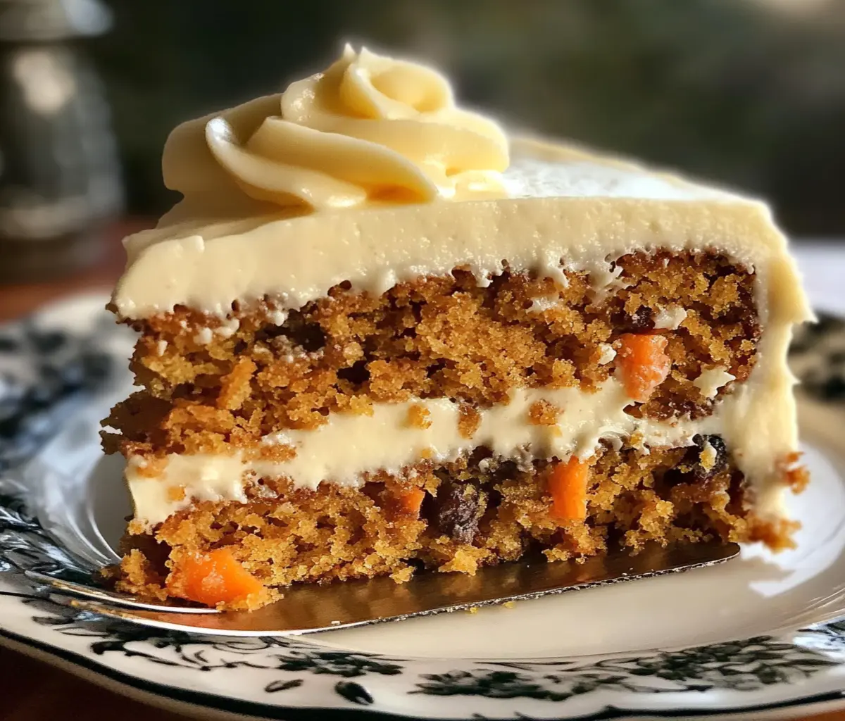 Old-fashioned carrot cake slice with cream cheese frosting
