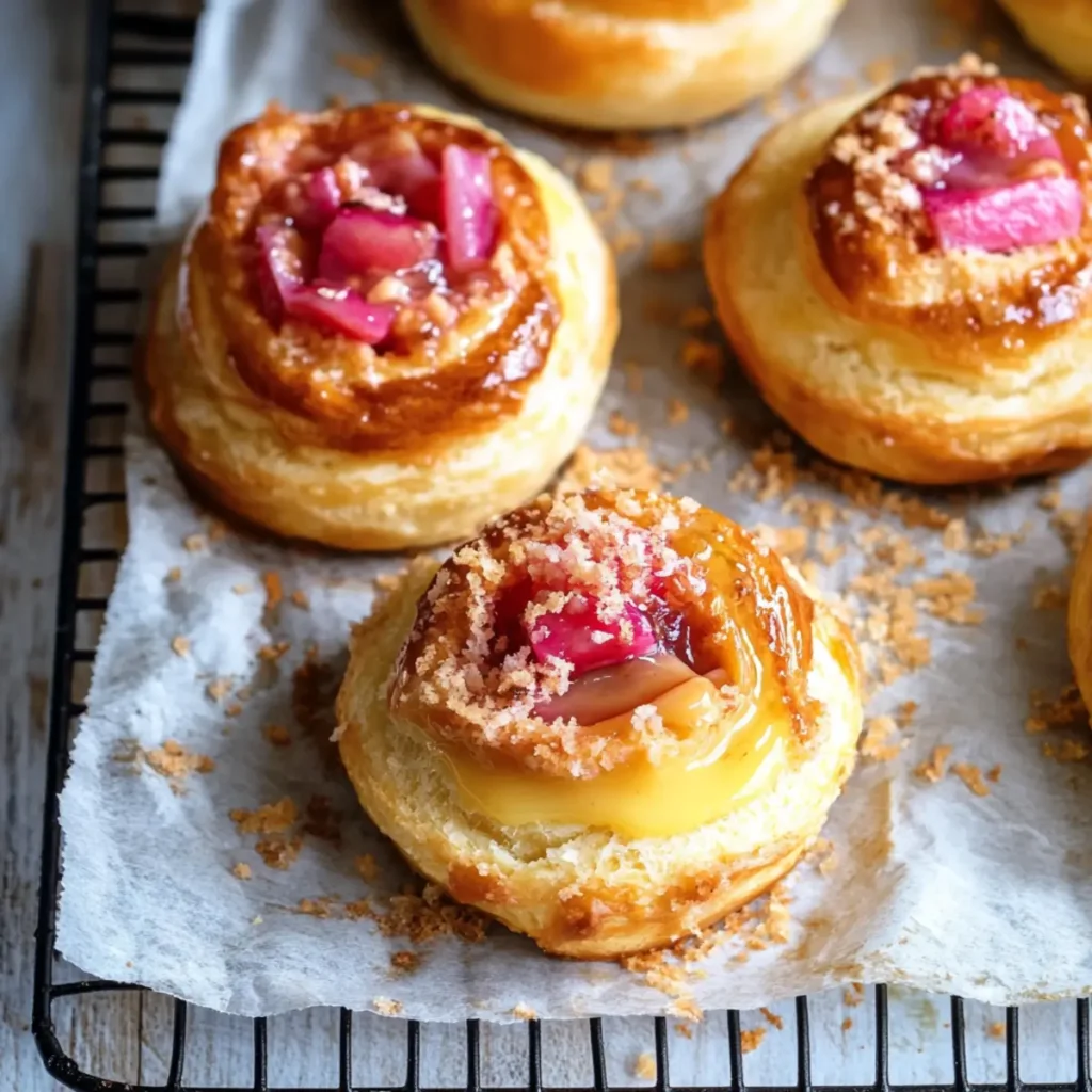 Freshly baked rhubarb custard buns in a pan