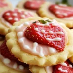 Stack of fresh strawberry butter cookies with pink edges