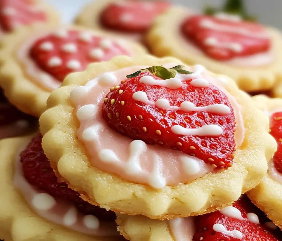 Stack of fresh strawberry butter cookies with pink edges