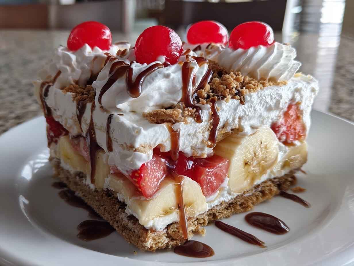 Easy Layered No-Bake Banana Split Cake with Graham Crust