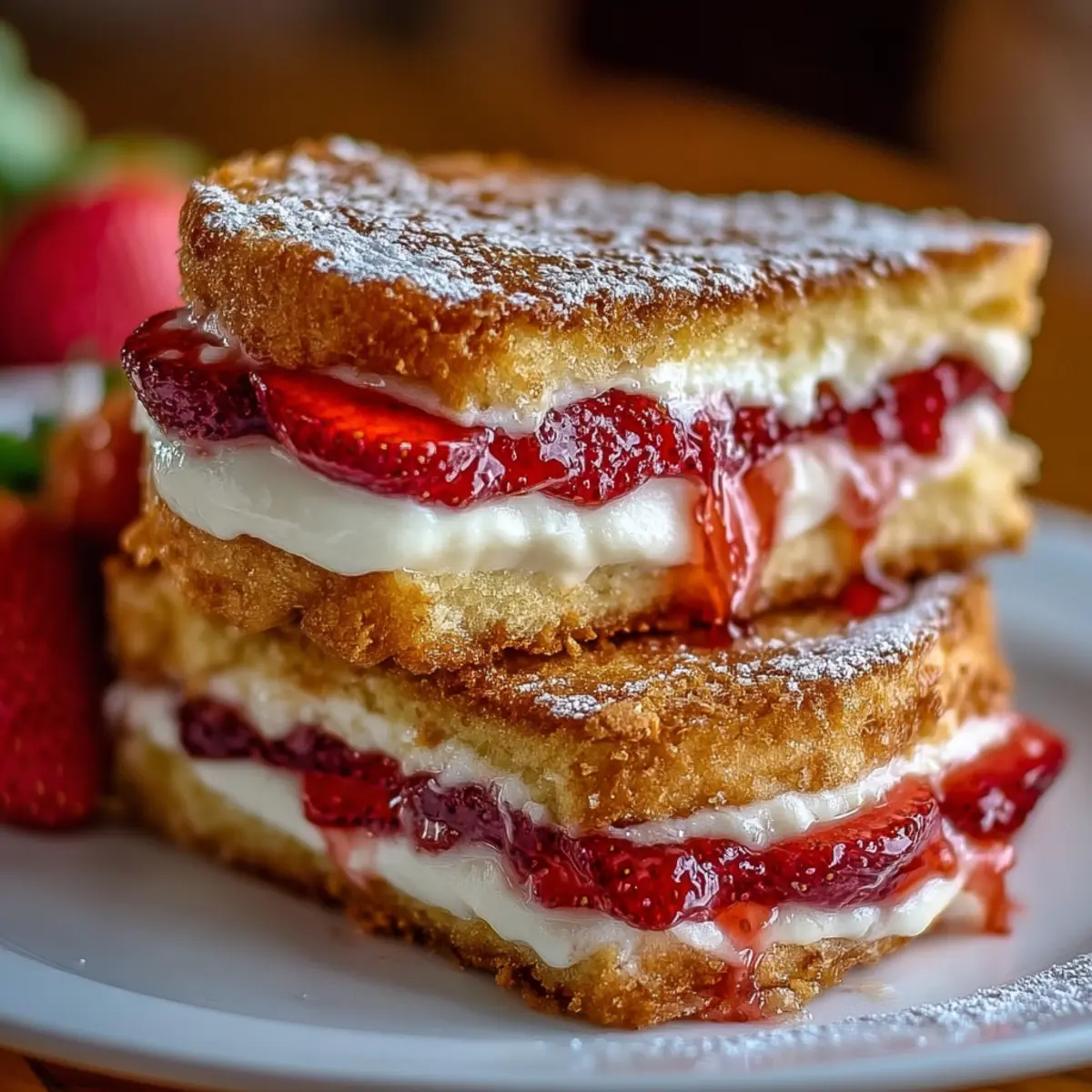 Fried strawberry cheesecake sandwiches close-up with creamy filling