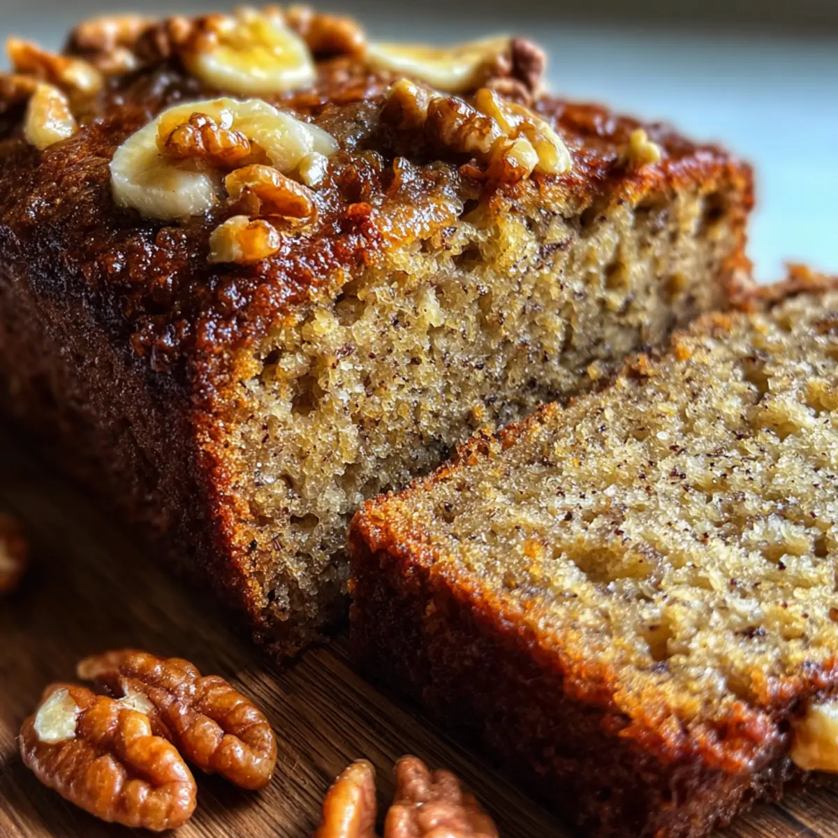 gluten-free banana bread sliced fresh on a wooden board