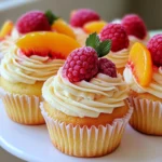Peach Raspberry Heaven Cupcakes close-up with fresh fruit