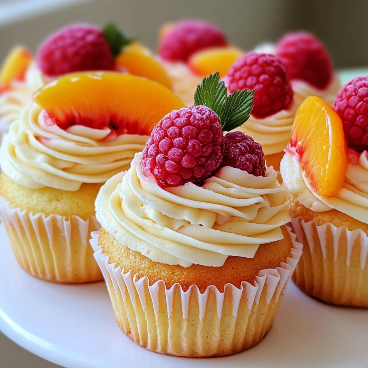 Peach Raspberry Heaven Cupcakes close-up with fresh fruit