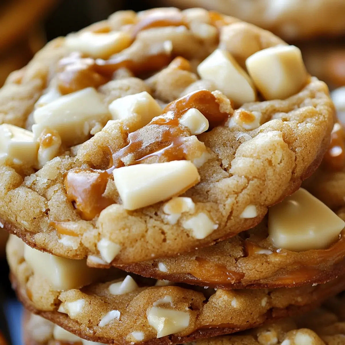 White chocolate caramel pretzel cookies cooling on rack